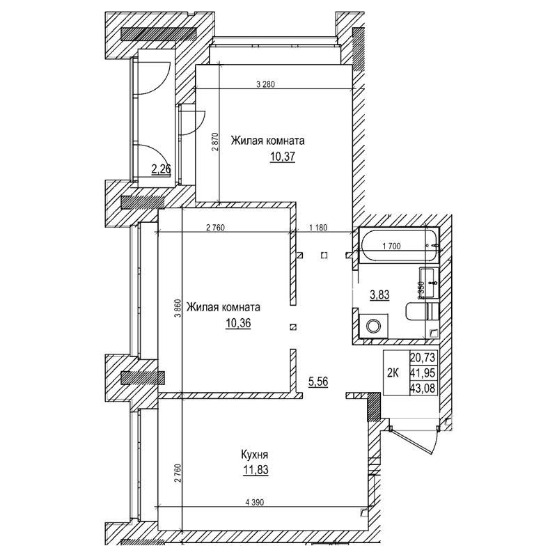 2-комнатная квартира 41.9 м² Комсомольский проспект