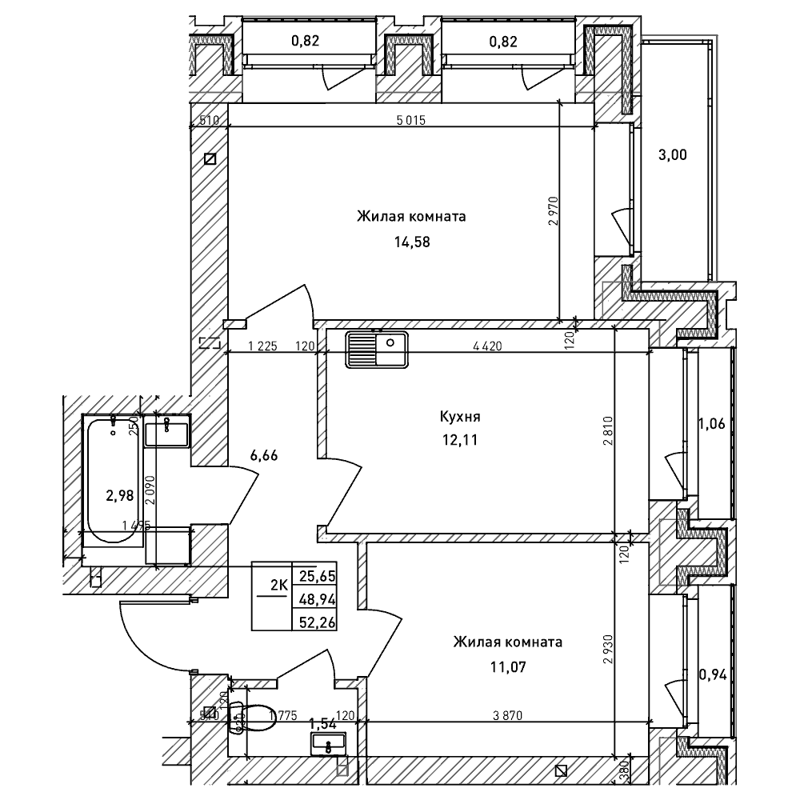 2-комнатная квартира 48.9 м² Комсомольский проспект