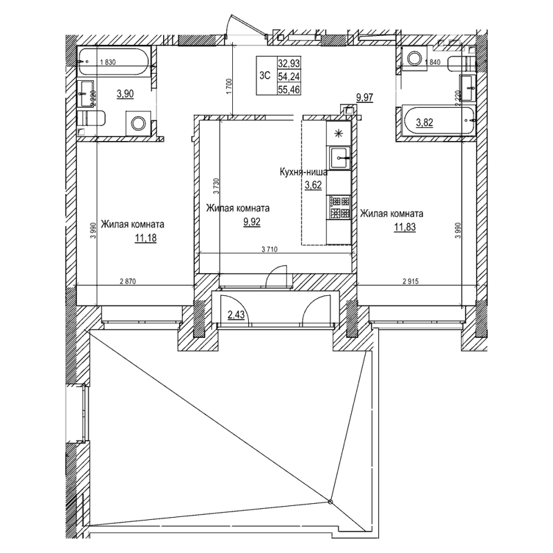 2-комнатная квартира 54.2 м² Комсомольский проспект