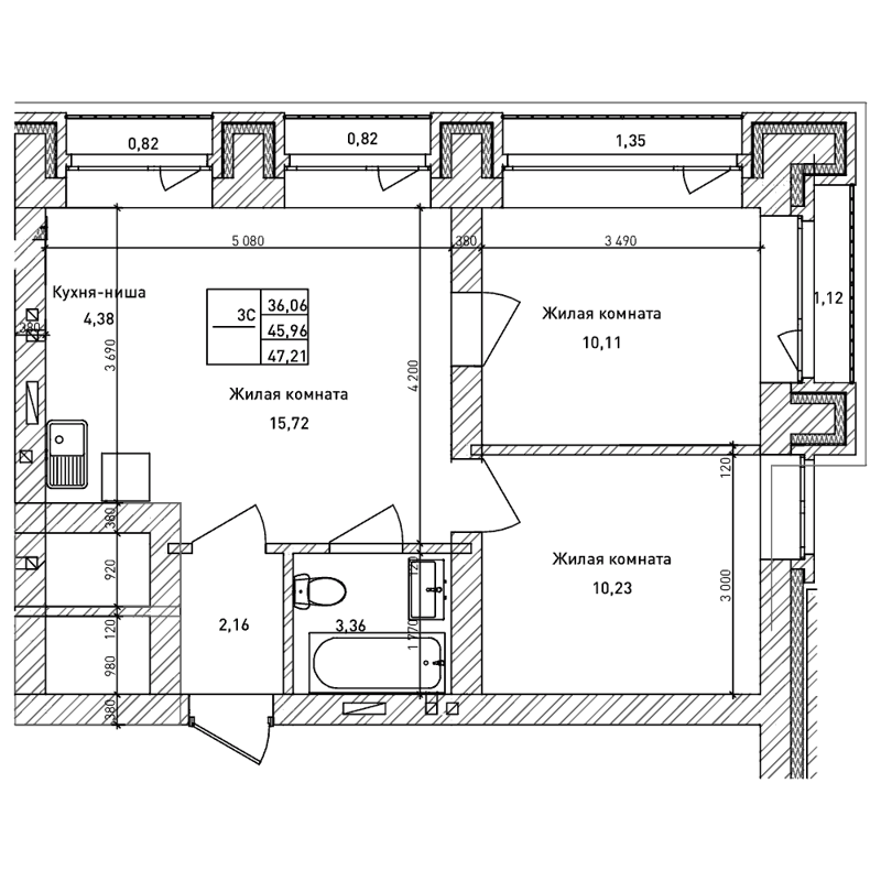 2-комнатная квартира 45.9 м² Комсомольский проспект