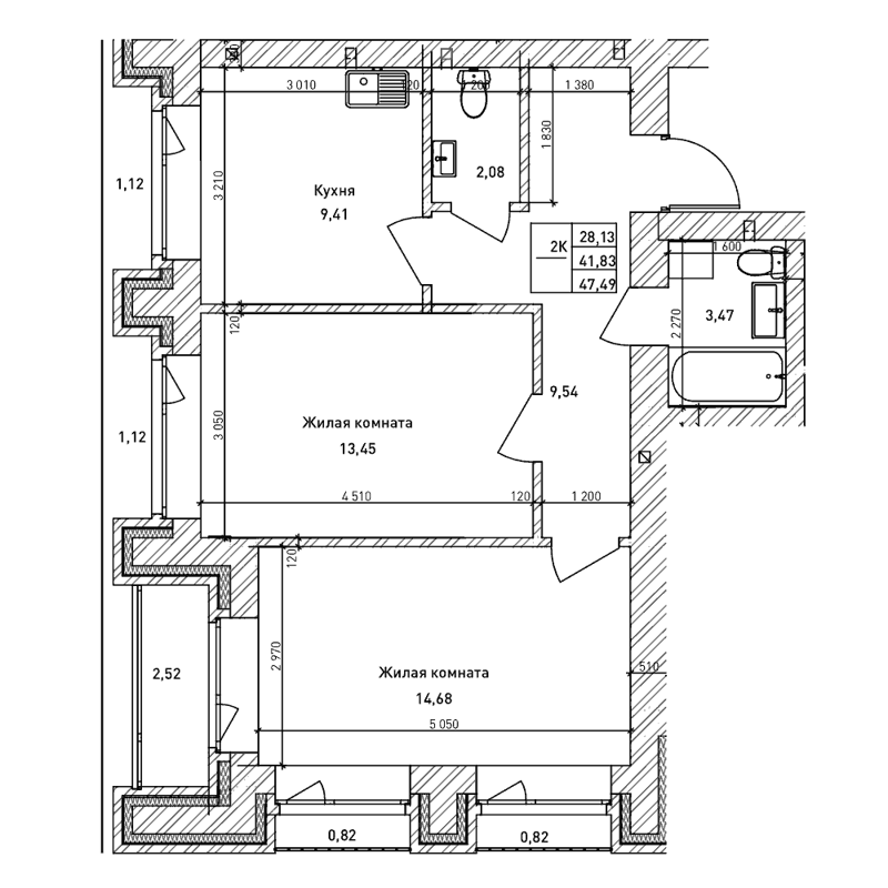 2-комнатная квартира 41.8 м² Комсомольский проспект