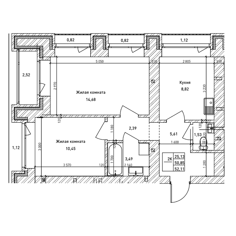 2-комнатная квартира 50.8 м² Комсомольский проспект