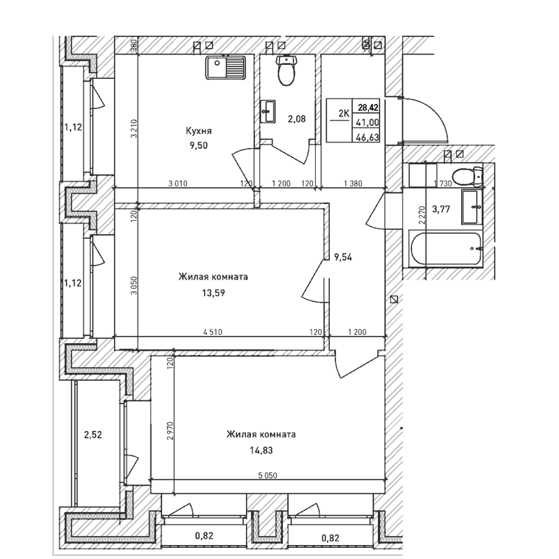 2-комнатная квартира 41 м² Комсомольский проспект