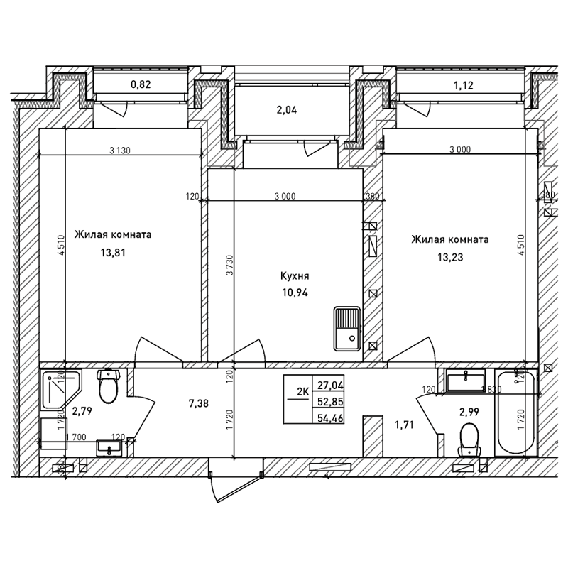 2-комнатная квартира 52.8 м² Комсомольский проспект