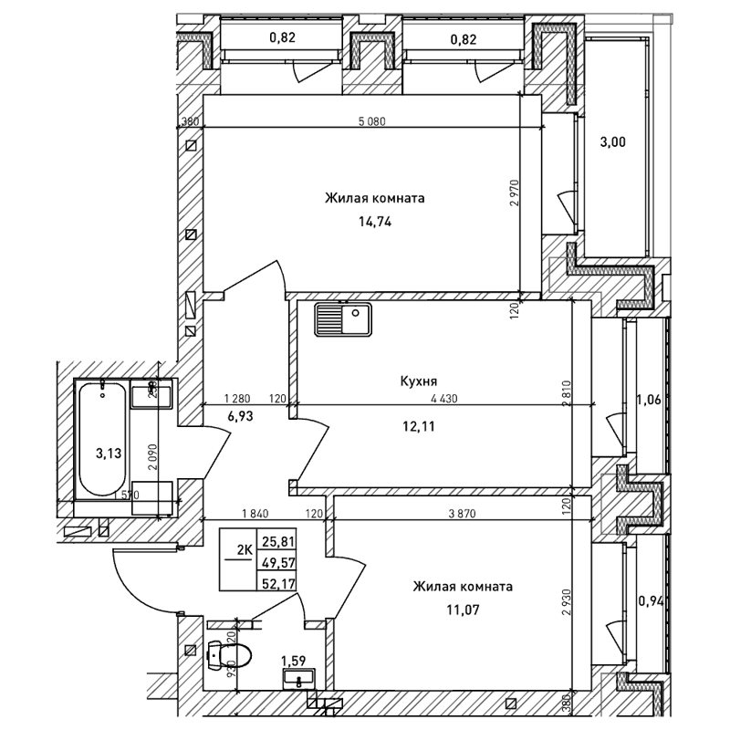 2-комнатная квартира 49.5 м² Комсомольский проспект