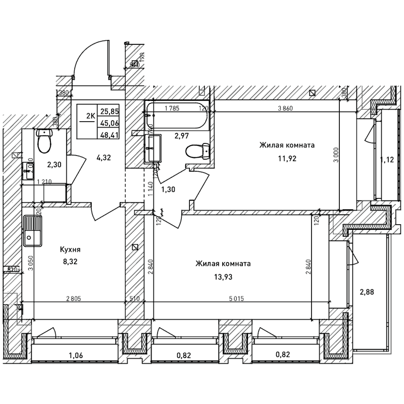 2-комнатная квартира 45 м² Комсомольский проспект