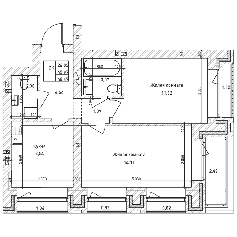 2-комнатная квартира 45.8 м² Комсомольский проспект