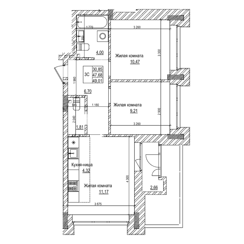 2-комнатная квартира 47.6 м² Комсомольский проспект