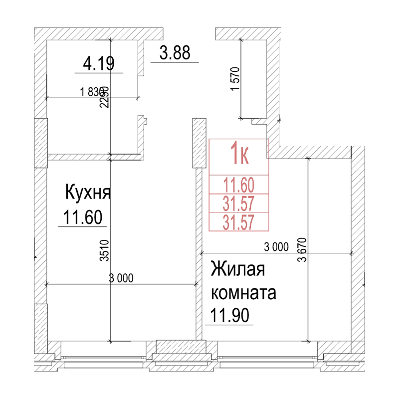 1-комнатная квартира 31.5 м² Чернышевский