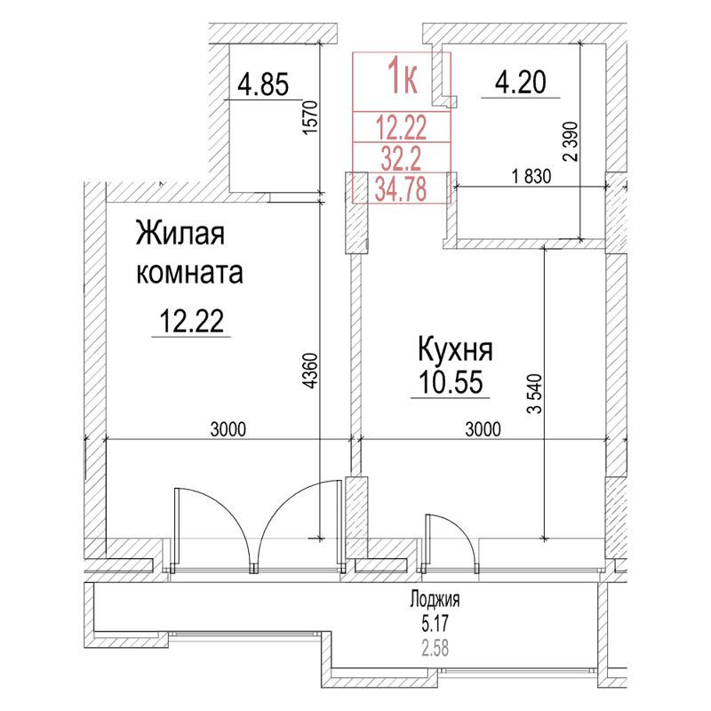 1-комнатная квартира 32.2 м² Чернышевский