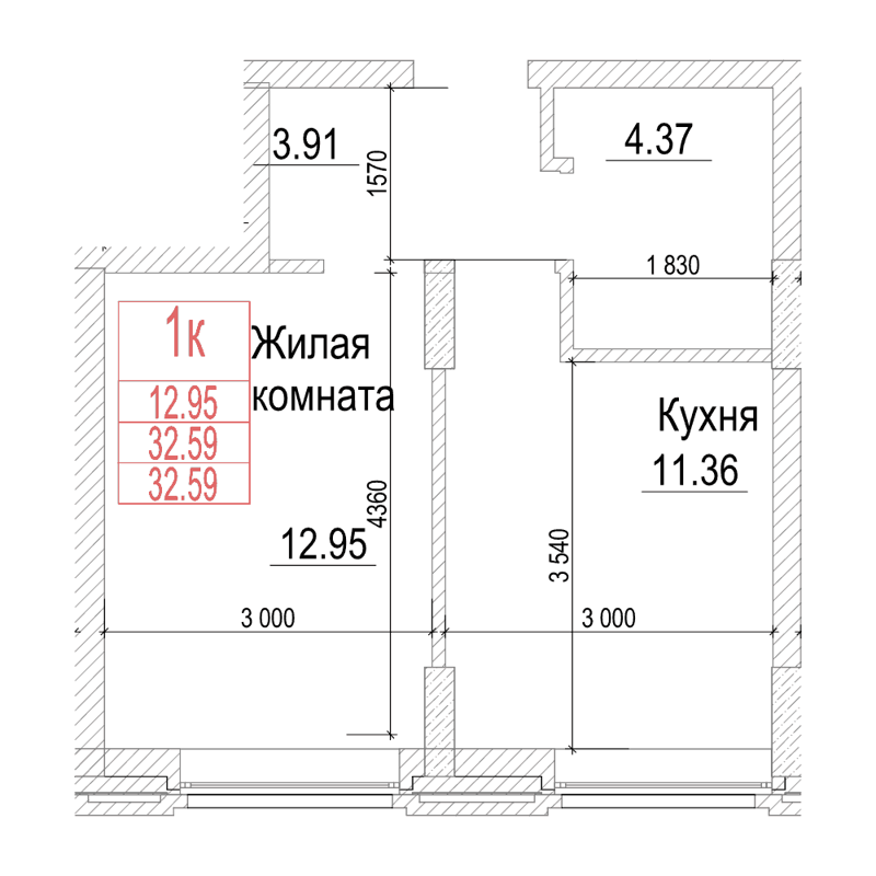 1-комнатная квартира 32.5 м² Чернышевский