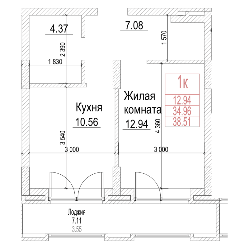 1-комнатная квартира 34.9 м² Чернышевский