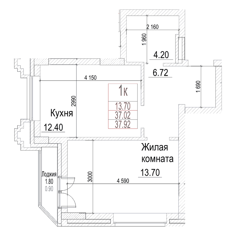 1-комнатная квартира 37 м² Чернышевский