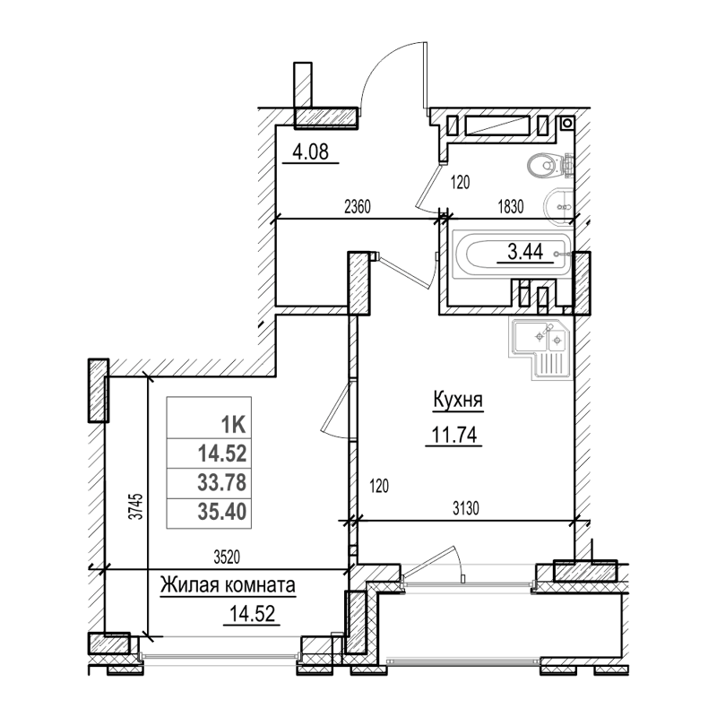 1-комнатная квартира 33.7 м² Чернышевский