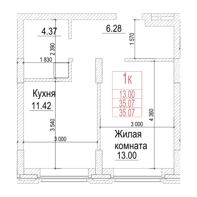 1-комнатная квартира 35 м² Чернышевский