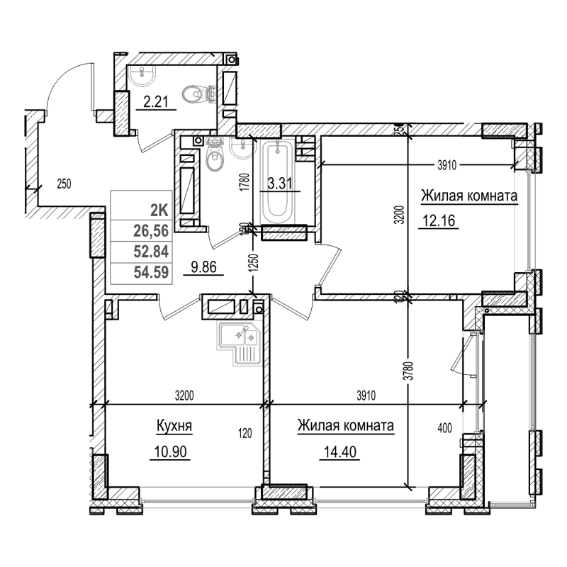 2-комнатная квартира 52.8 м² Чернышевский