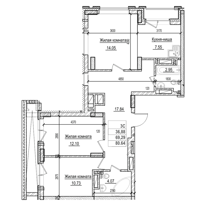 2-комнатная квартира 69.2 м² Чернышевский