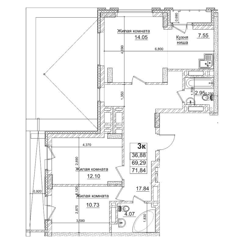 2-комнатная квартира 69.2 м² Чернышевский