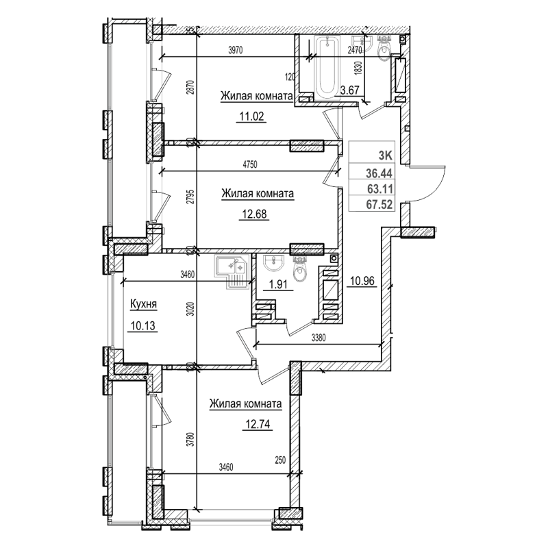 3-комнатная квартира 63.1 м² Чернышевский