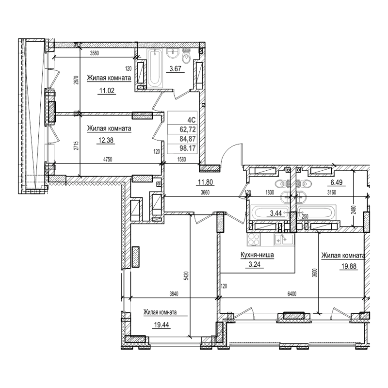 3-комнатная квартира 84.8 м² Чернышевский