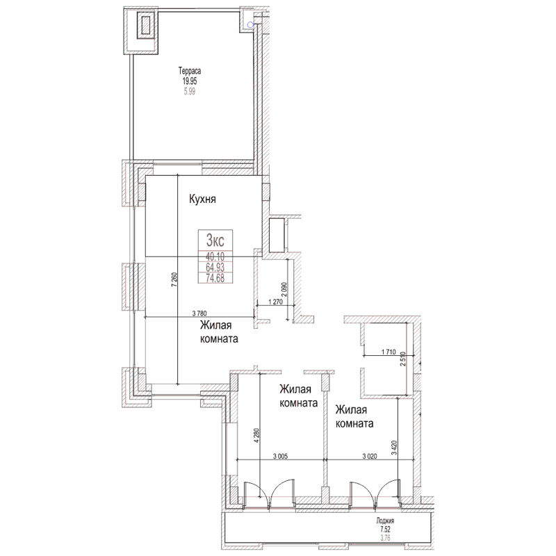 3-комнатная квартира 64.9 м² Чернышевский