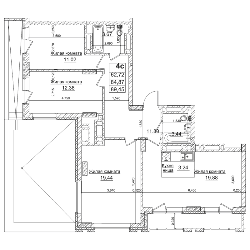 3-комнатная квартира 84.8 м² Чернышевский