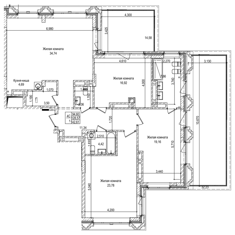 3-комнатная квартира 128.5 м² Чернышевский