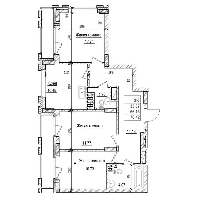 3-комнатная квартира 66.8 м² Чернышевский