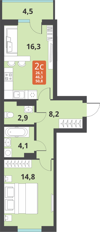 2-комнатная квартира 46.3 м² Тайгинский парк