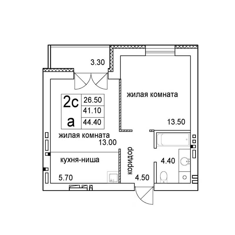 2-комнатная квартира 44.4 м² Promenade