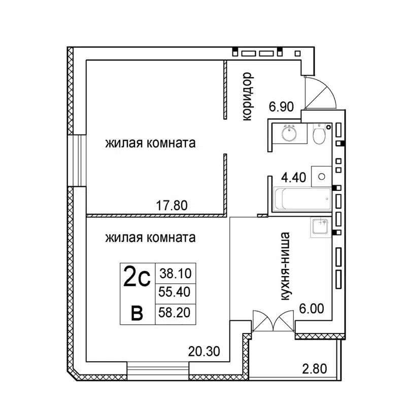 2-комнатная квартира 58.2 м² Promenade