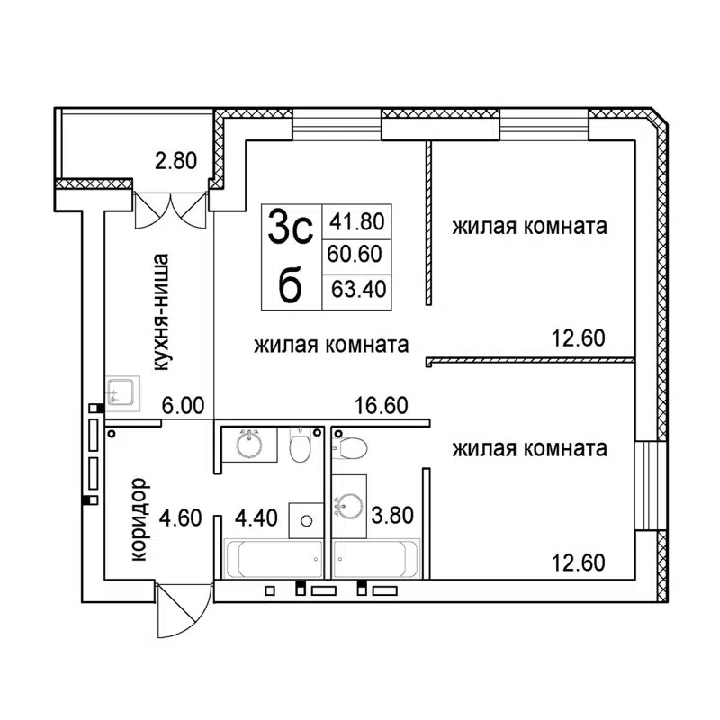 3-комнатная квартира 63.4 м² Promenade