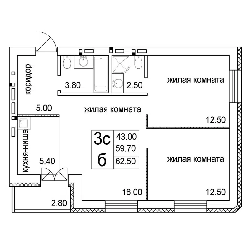 3-комнатная квартира 62.5 м² Promenade