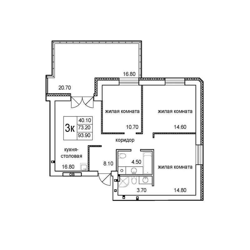 3-комнатная квартира 93.9 м² Promenade