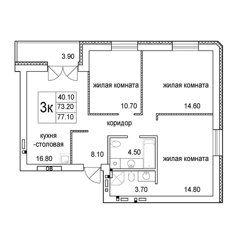 3-комнатная квартира 77.1 м² Promenade