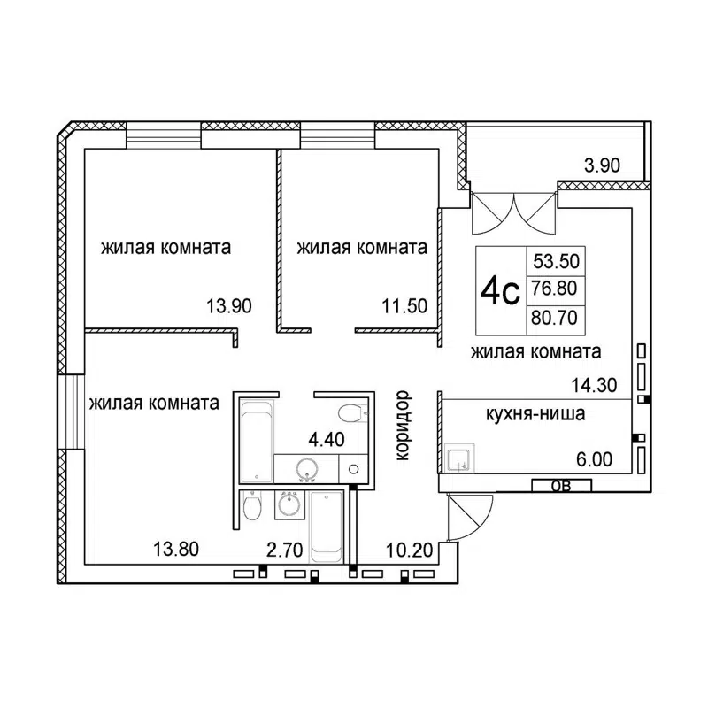 4-комнатная квартира 80.7 м² Promenade