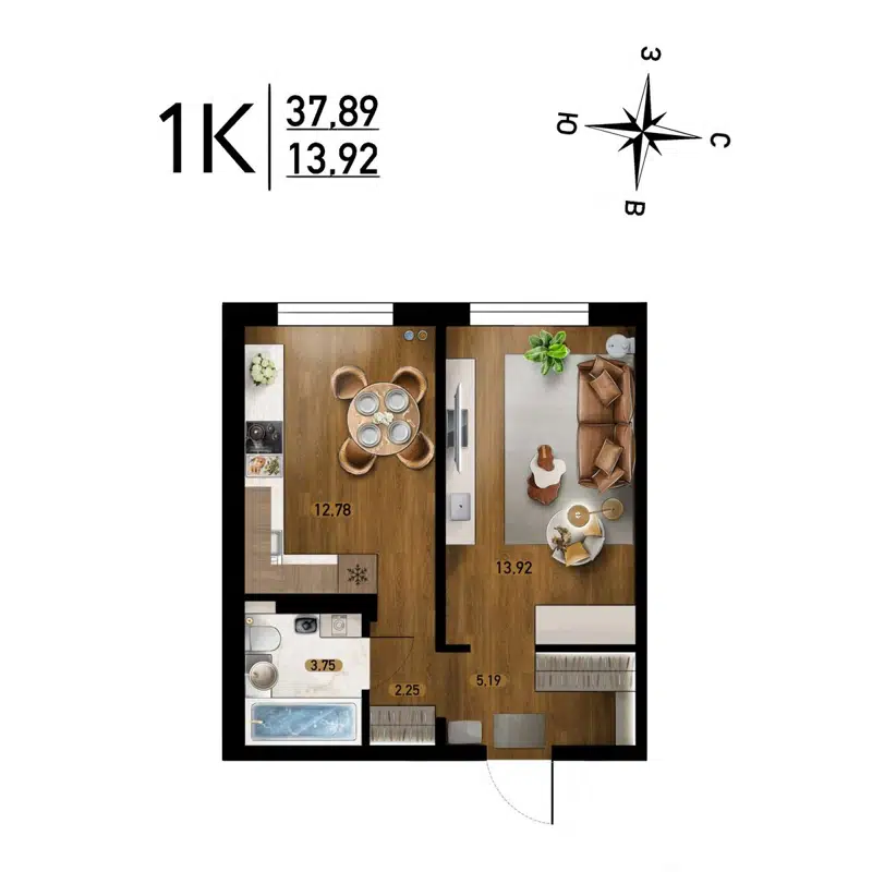 1-комнатная квартира 37.96 м² Радуга Сибири