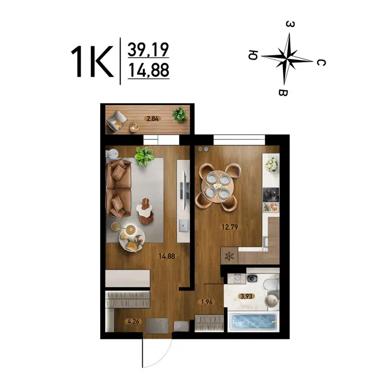 1-комнатная квартира 39.19 м² Радуга Сибири