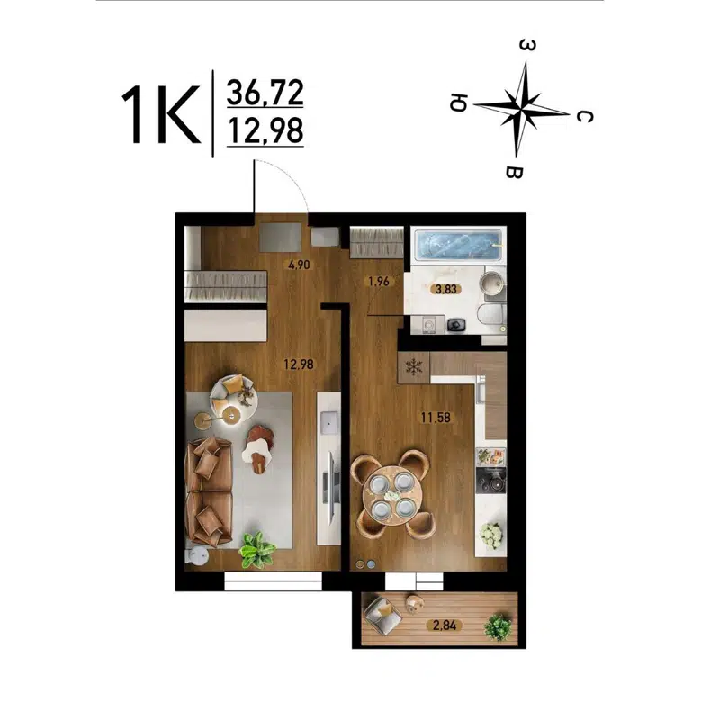 1-комнатная квартира 36.72 м² Радуга Сибири