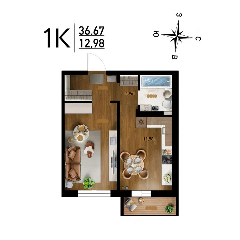 1-комнатная квартира 36.67 м² Радуга Сибири