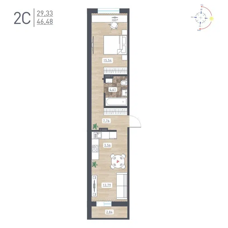 2-комнатная квартира 46.48 м² Радуга Сибири