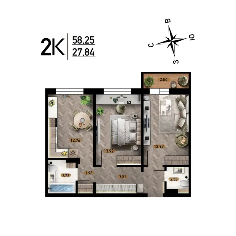 2-комнатная квартира 58.25 м² Радуга Сибири