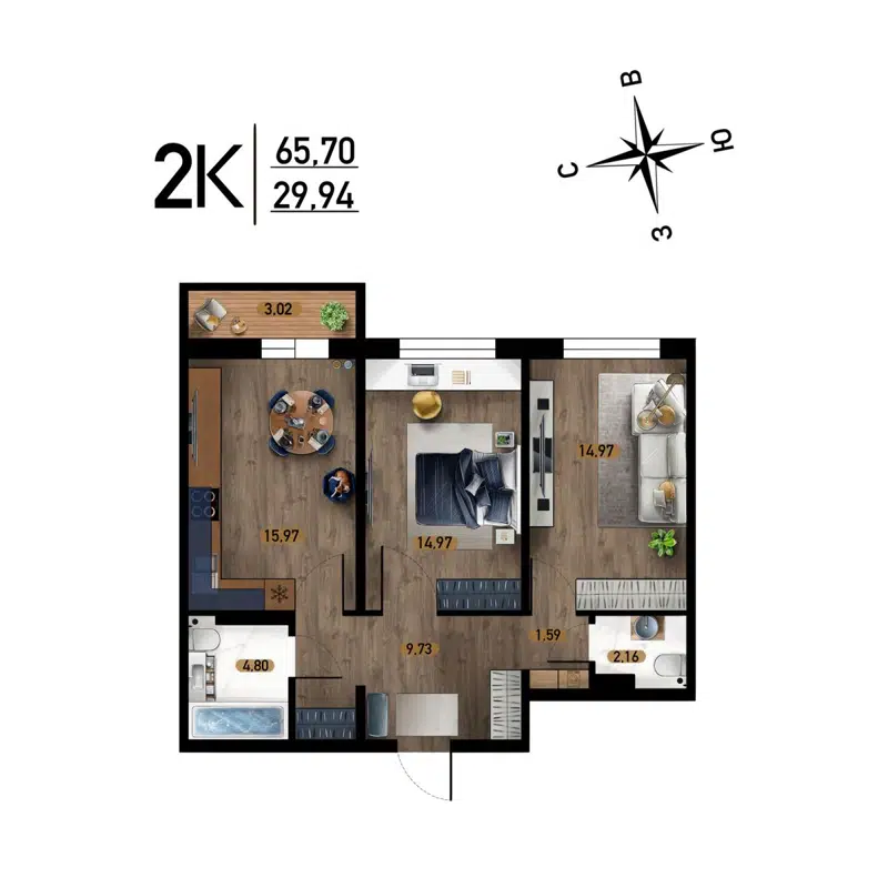 2-комнатная квартира 65.7 м² Радуга Сибири