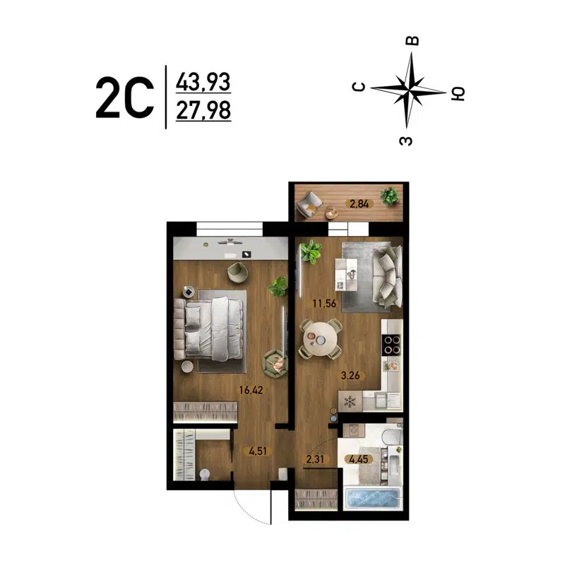 2-комнатная квартира 43.93 м² Радуга Сибири