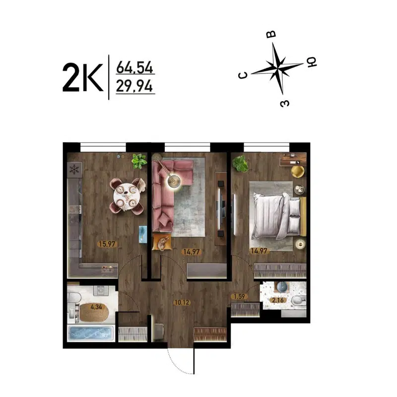 2-комнатная квартира 64.54 м² Радуга Сибири