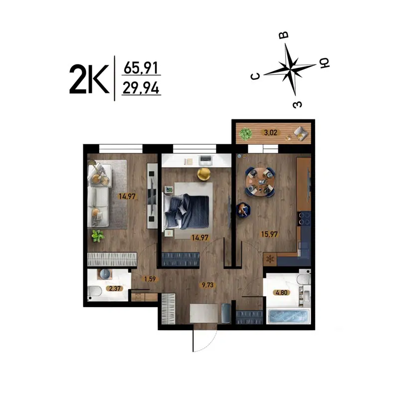 2-комнатная квартира 65.91 м² Радуга Сибири