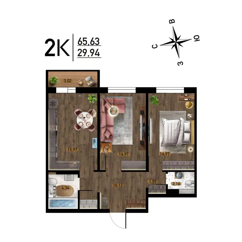 2-комнатная квартира 65.63 м² Радуга Сибири