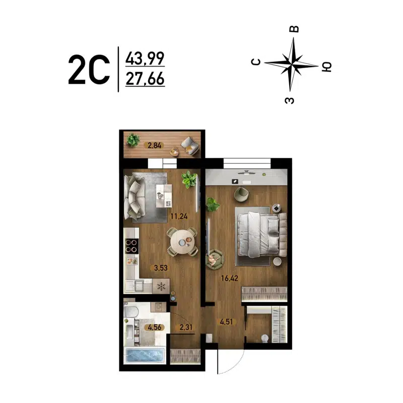 2-комнатная квартира 43.99 м² Радуга Сибири