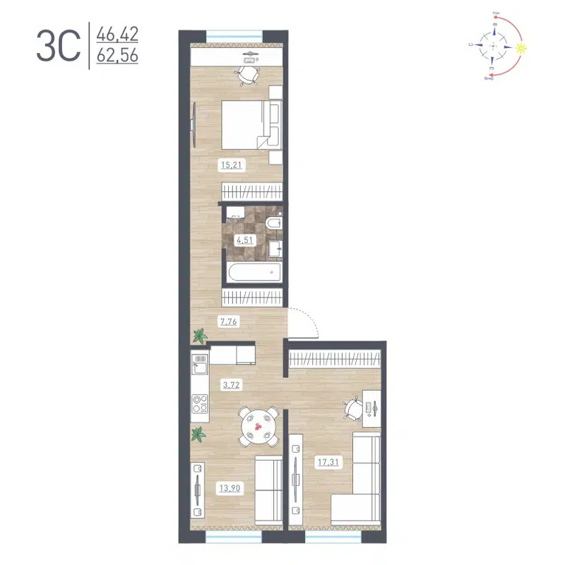 3-комнатная квартира 62.56 м² Радуга Сибири