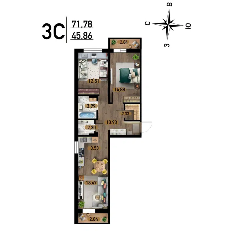 3-комнатная квартира 71.78 м² Радуга Сибири